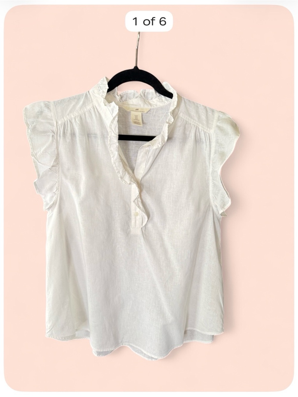 H&M Women’s White Linen Blend Ruffle Blouse Size M Flutter Sleeve Top